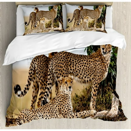Inc Cheetah Bedding Ambesonne Wildlife Cheetahs Mother and Two Young Baby Looking for Food Dangerous Exotic Animals Duvet Cover Set ()