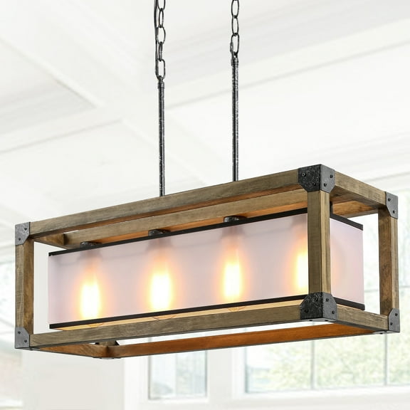 LNC Farmhouse Wood Chandelier 4-Light with Fabric Shade for Kitchen Island