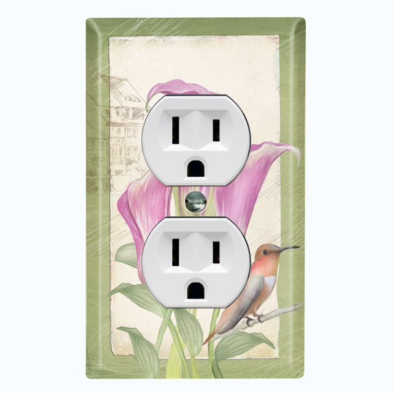 Metal Light Switch Plate Cover Antique Floral Hummingbird Home Sketch Green FLW099