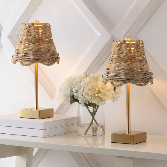Willow 11" Coastal Bohemian Cordless Rechargeable Table Lamp Set of 2, Brass Gold with Brown Water Hyacinth Shade, Touch Dimmer