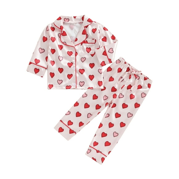 Gupgi Kid Girl Heart Pajamas Set 18M 24M 3Y 4Y 5Y Toddler 2Pcs Sleepwear Button Down Sleep Shirt+Long Pants