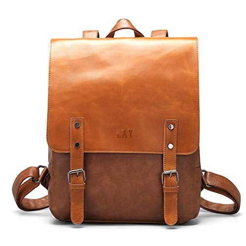 lxy vegan leather backpack vintage laptop bookbag for women men, brown ...