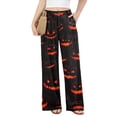 thumbnail image 4 of Halloween Wide Leg Pants for Women, Button Closure Trousers with Gradient Pumpkin & Bat Print, High Waist Loose Fit Streetwear Bottoms with Pockets, 1 Pc Deep Red S, 4 of 6