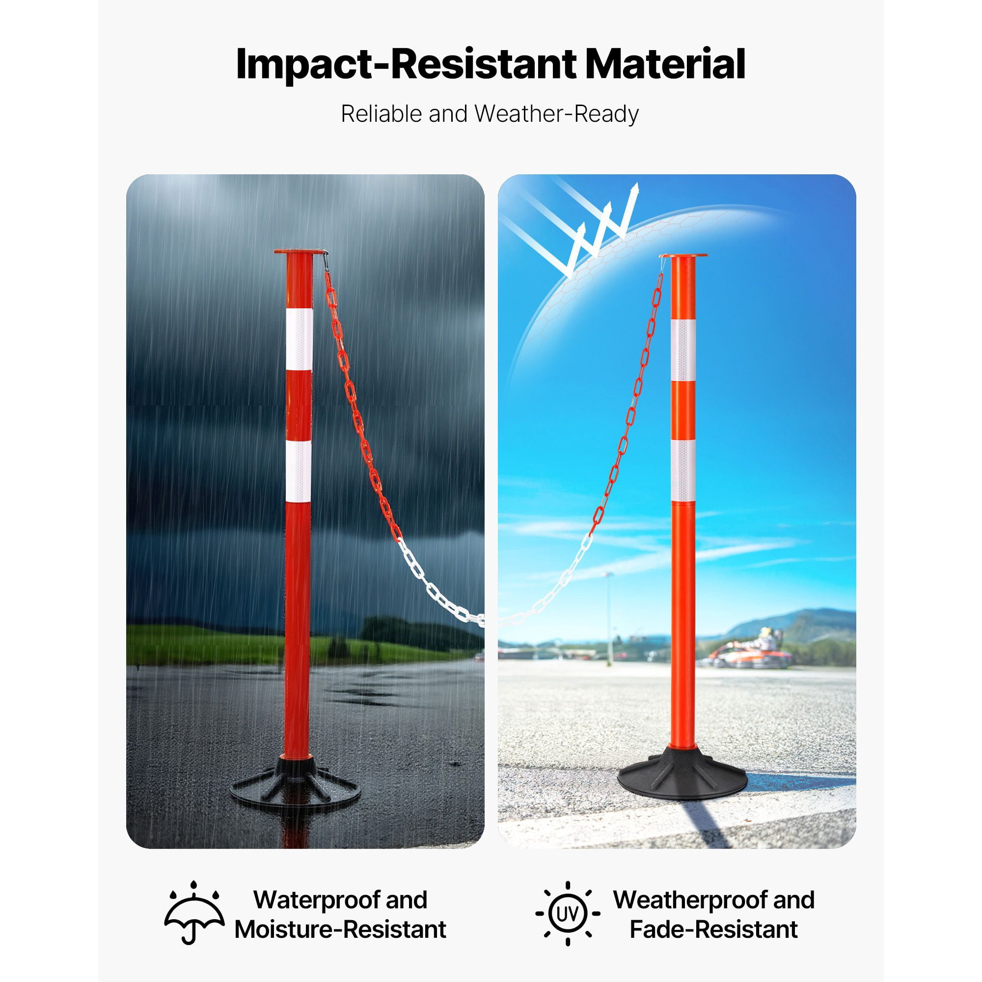 2-Pack Traffic Delineator Posts, 34 Inch Safety Cones, Reflective Strips, Weighted Rubber Base, Chain Attachment, for Construction Sites, Parking Lots & Crowd Control