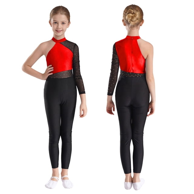 Sxiwei Girls Shiny Rhinestone Catsuit Full Body Romper Bodysuit Ballet Dance Leotard Stage Performance Costume Red 14