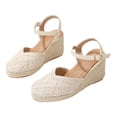 thumbnail image 4 of Rokment Handmade Rope Flower Espadrilles Platform Wedges Dress Sandals for Women Bride Wedding Vintage Boho Beach Crochet Closed Toe Chunky High Heels Dressy Summer Shoes Beige Size 6, 4 of 5