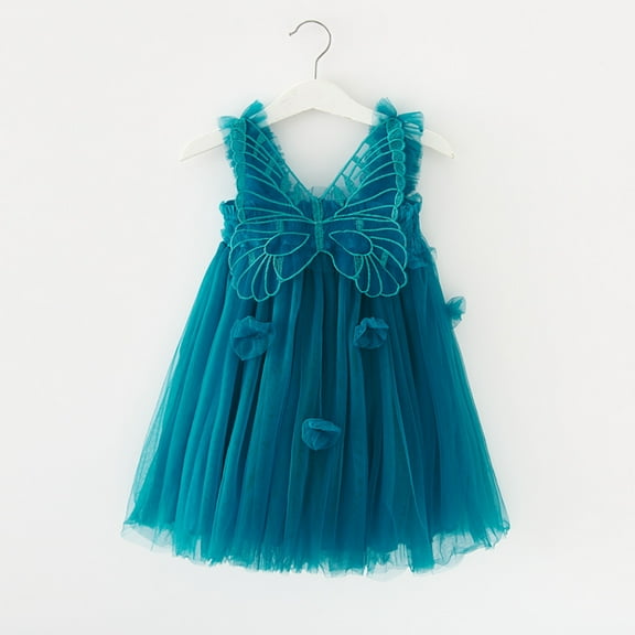FAKKDUK Toddler Kids Girls Sleeveless Layered Tulle Tutu Dress Party Princess Strap Dresses Sundress Kid Clothes Summer Dress for Little Girls A-line Lace Solid Girl Dress,3-4Years&Blue