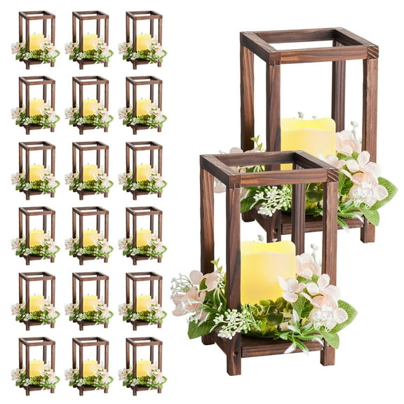 KFFKFF 20 Sets/60 Pieces Wooden Lantern Centerpiece Set, Includes 20 Wooden Lantern Candle Holders, 20 Flameless LED Candles, and 20 Champagne Flower Wreaths for Wedding Tables, Parties