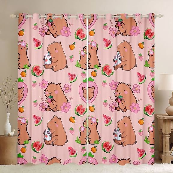 Feelyou Capibara Curtains Pack of 2 (52x84 Each), Pink Flower Fruit Window Curtains