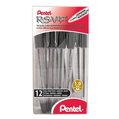 Pentel R.S.V.P. Ball Point Pen, Medium Line, Black Ink, 12 Pack (BK91PC12A)