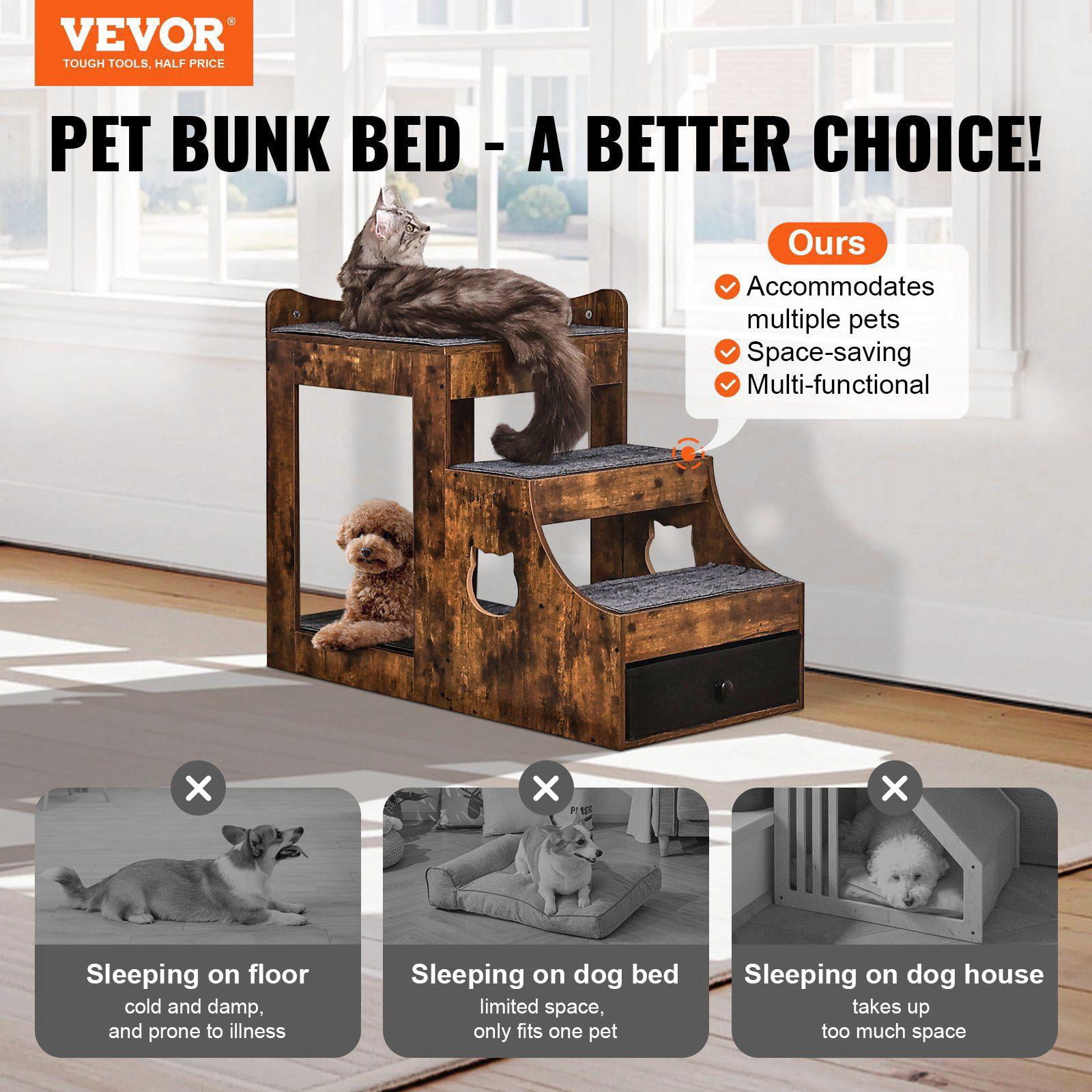 Pet Bunk Bed with Removable Stairs and Storage Multi Level Window Perch Cat Dog Bedside Sleeper Couch Small Pet Seat Platform Indoor Rustic Brown