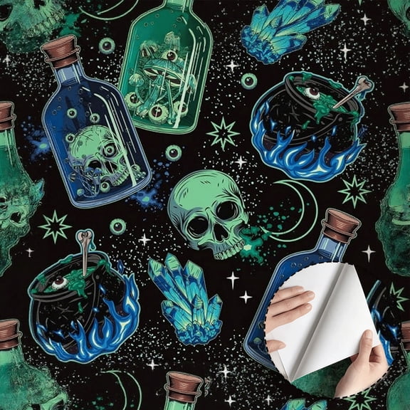 Gothic Witchy Magic Potion Skull Crystal Wallpaper, Quirky Gothic Funky Self Adhesive and Removable Waterproof Wallpaper, Home Decor for Bedroom Living Room Dorm Room Kitchen Cabinet 17.7 * 118 in