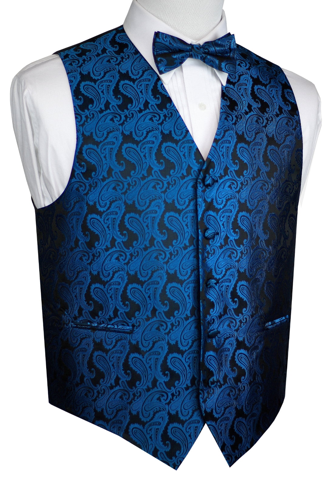 New Men's Polyester Paisley Tuxedo Vest Ascot Cravat prom party Turquoise blue 