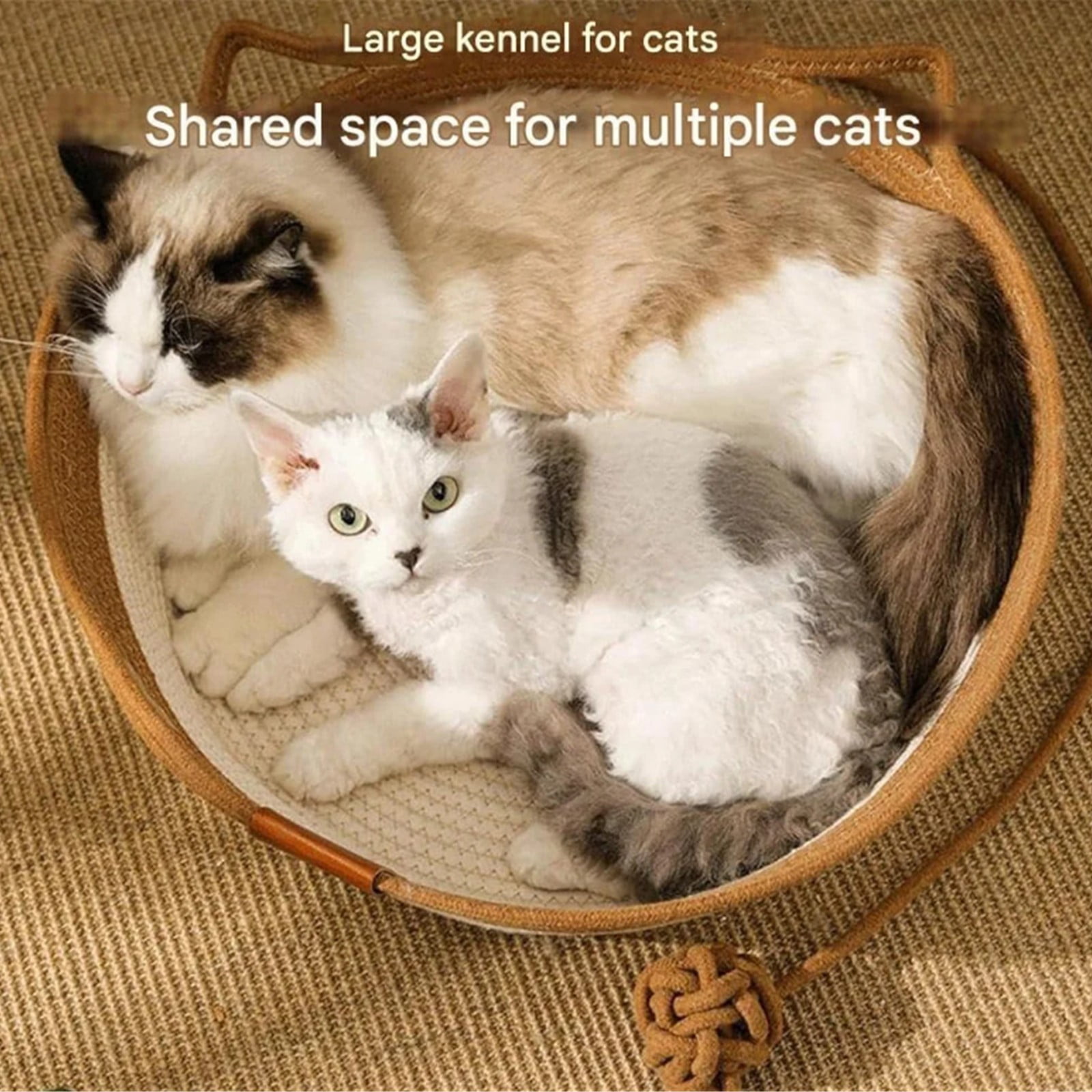 Woven Cat Bed, Woven Rope Cat Bed with Cat Ears, All Season Breathable Pet Bed for Cats Small Dogs, Washable Round Basket Style Cat House, Grey