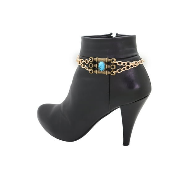 Women Boot Antique Gold Metal Chain Bracelet Shoe Turquoise Bead Charm