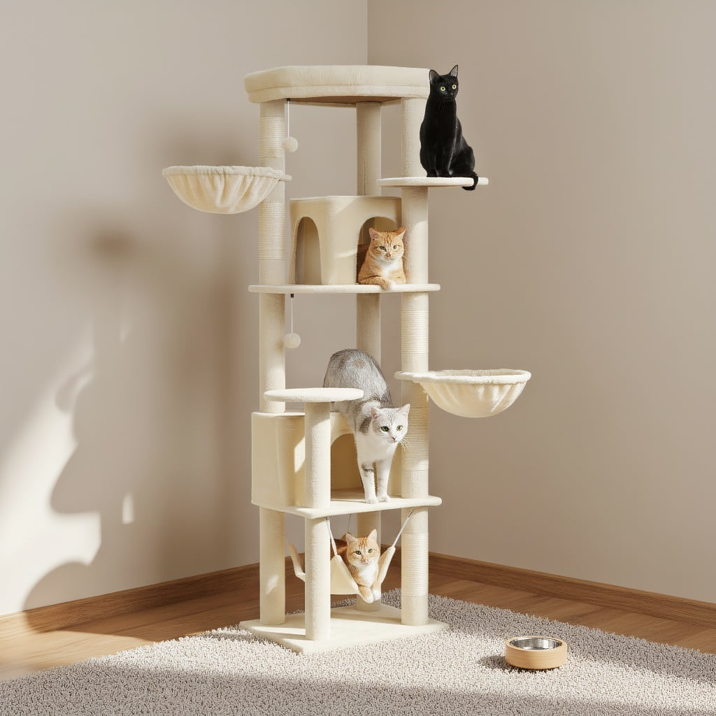 Pefilos 70" Tall Cat Tree Tower with Hammock, 5 Scratching Posts, 2 Condos and a Large Top Perches for Large Cats, Beige