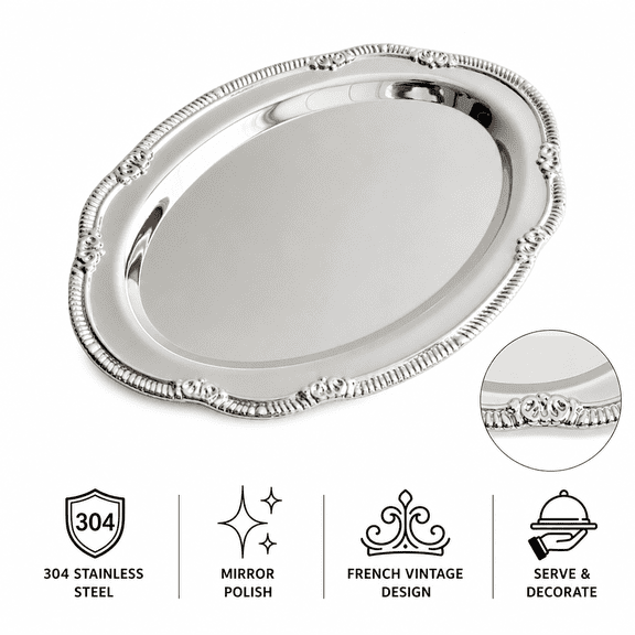Vintage Silver Oval Serving Tray, 304 Stainless Steel French Ornate Decorative Plate for Dessert Vanity Home Decor 8.5x6"