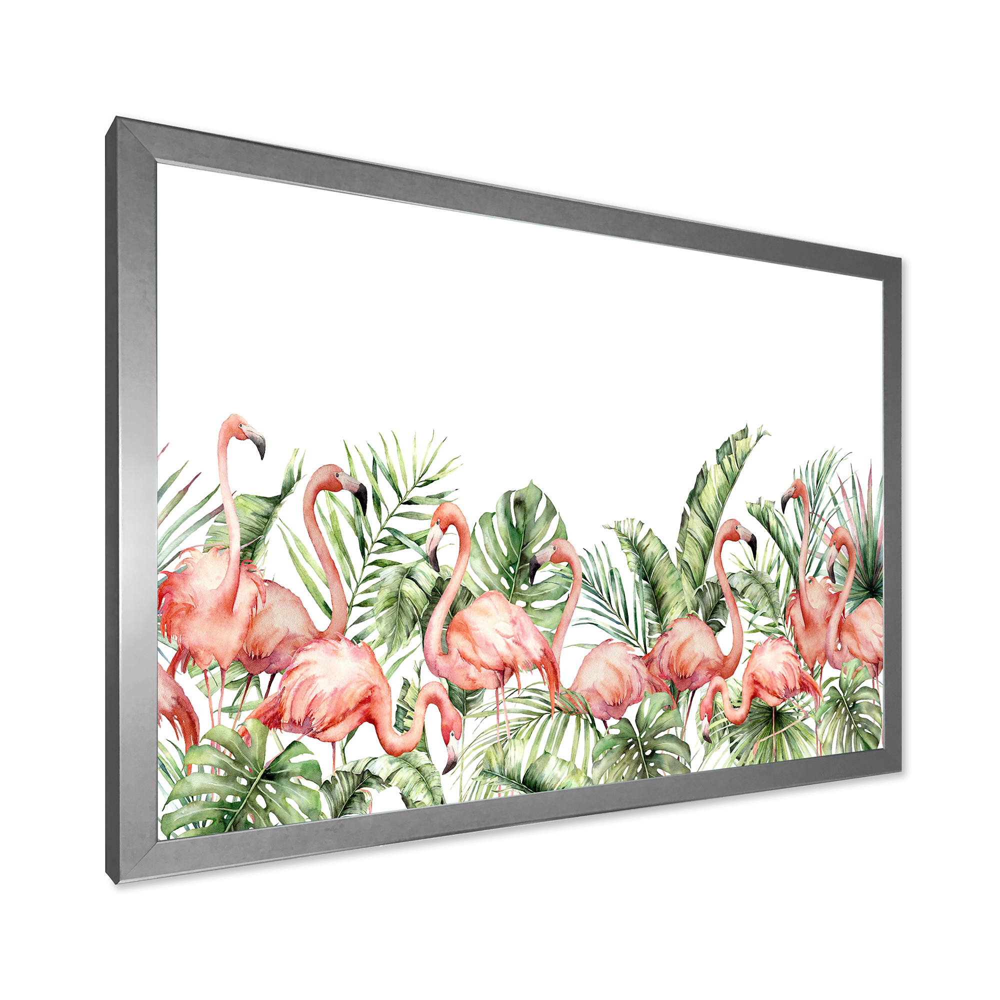 Designart 'Palm Leaves and Pink Flamingos Tropical Birds' Traditional Framed Art Print