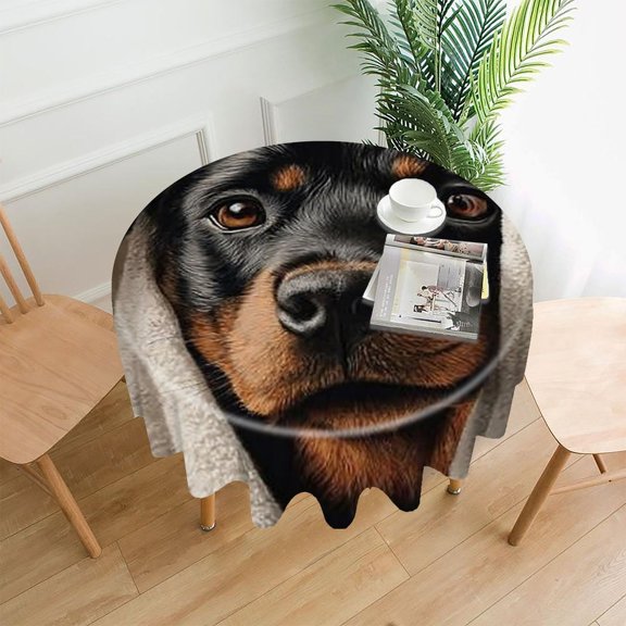 RKSupls 60 Inch Round Tablecloth, Rottweiler Puppy Premium Polyester Straight Edge Wrinkle Resistant Washable Table Cover for Party Home Dining Decor