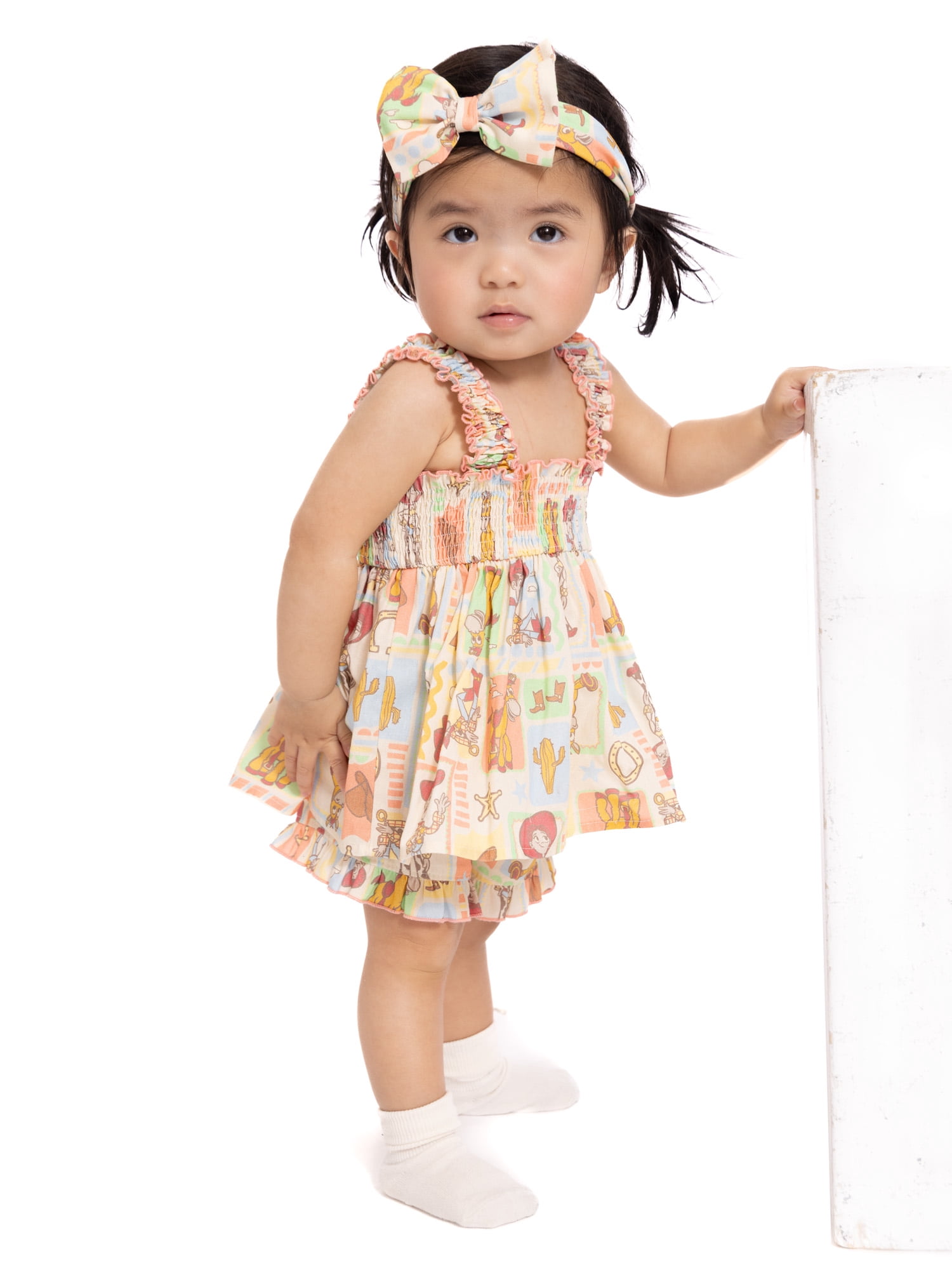 Toy Story Baby Girls' Smocked Cotton Tank Top, Shorts and Headband Set, 3-Piece, Sizes 0/3M-24M