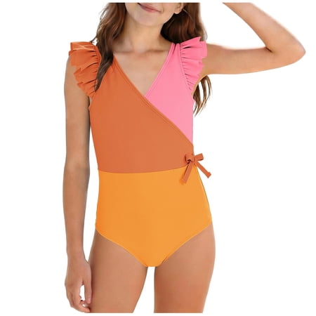 UQJfacai Girls Swimsuit Ruffle Trim One Piece Bathing Suit Teen Girl Summer Color Bolck V Neck Padded Modest Swimwear 7-16 Years