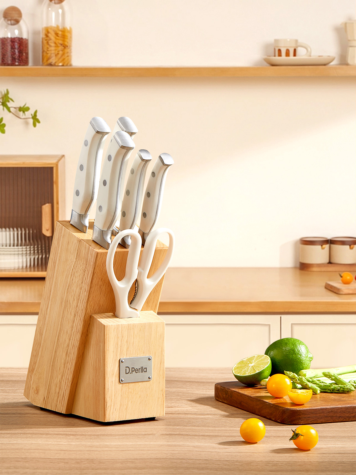 D.Perlla Knife Set, 7 Pieces Kitchen Knives Set with Built-in Sharpener, Stainless Steel Knife Block Set