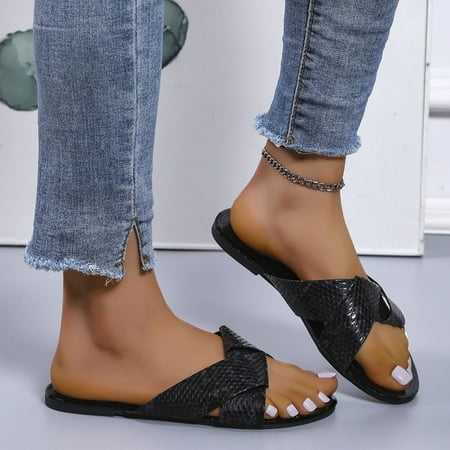

Slipper for Women Fashion Spring And Summer Women Slippers Flat Snake Print Open Toe Roman Style Sandals PU Black 40