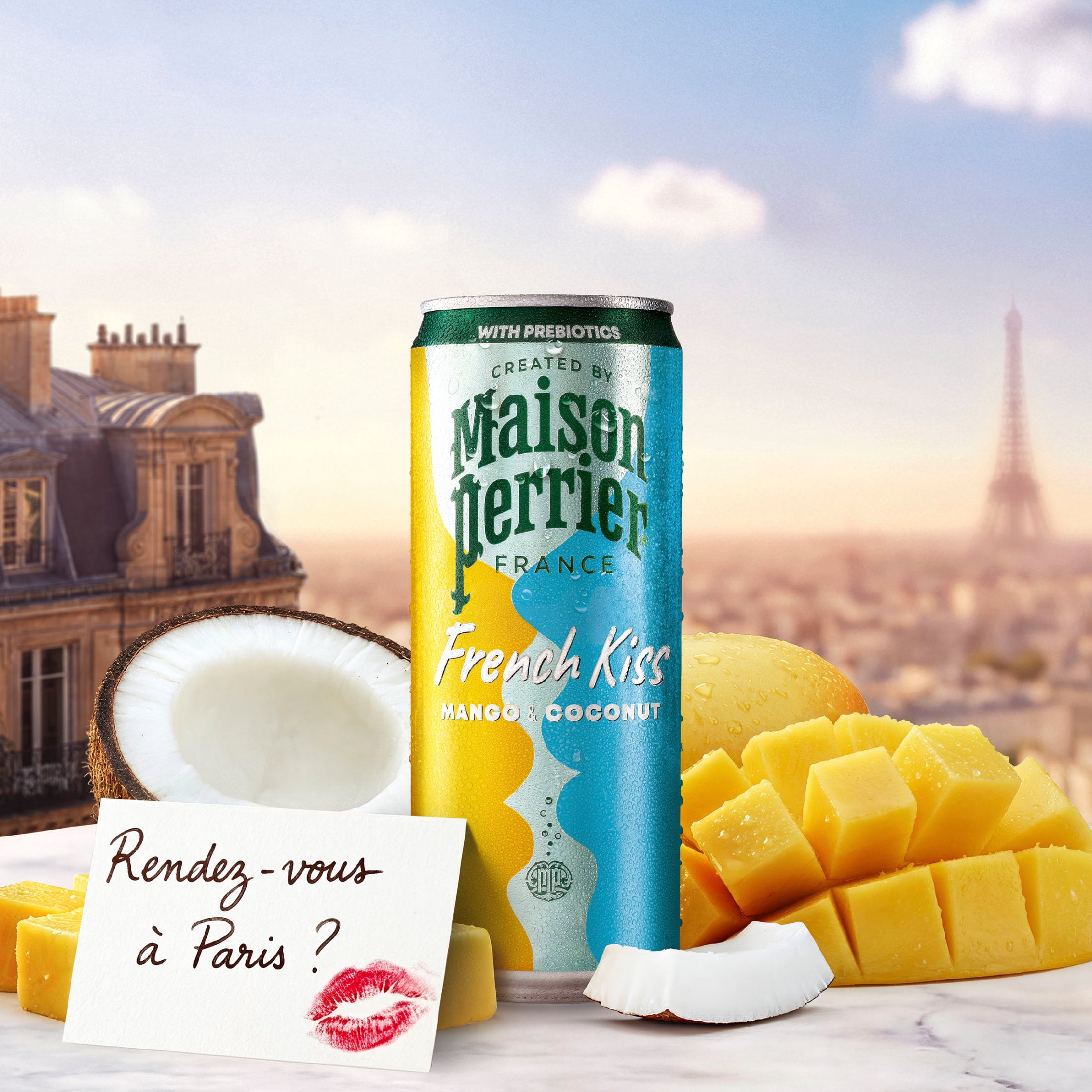Maison Perrier French Kiss Sweetened Sparkling Water, Mango & Coconut Flavors with Real Fruit Juices, 24PK