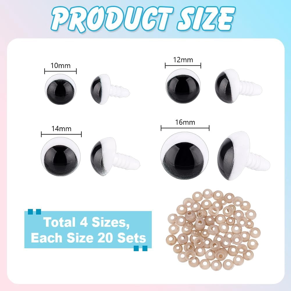 PH 80pcs 4 Sizes Safety Eyes for Crochet 10/12/14/16mm Crochet Eyes Amigurumi Eyes Stuffed Animal Eyes Large Craft Eyes with Washers for Puppet Bear Teddy Bunny DIY Arts Crafts Making Black DIY