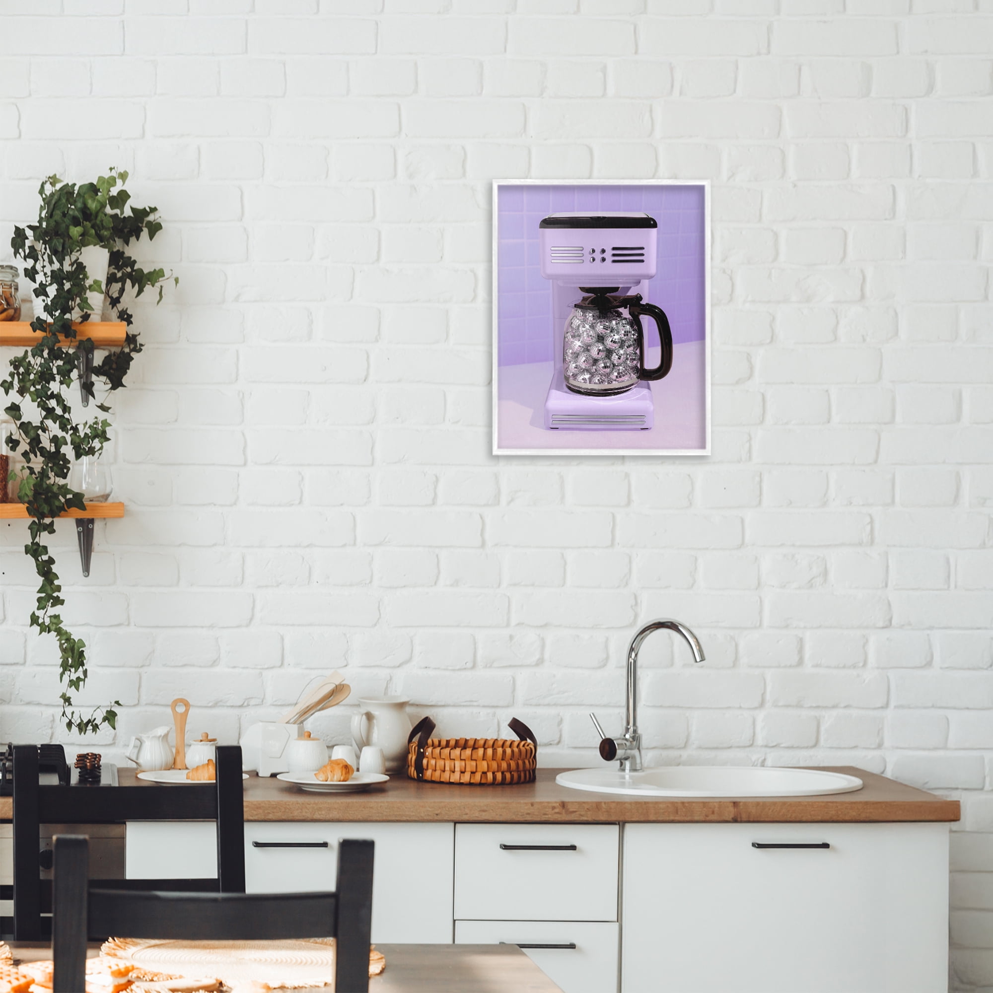 Stupell Industries Disco Coffee Maker over Purple White Framed Giclee Art, design by LISH Creative