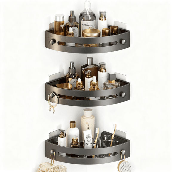 3-Pack Triangle Shower Caddy, 3-Tier Corner Shelf Organizer, Drill-Free Wall Mount Rack with Hooks, Holds up to 40lbs, Bathroom & Kitchen Storage for Towels, Toiletries & Utensils