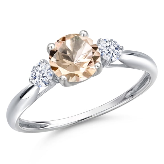 Gem Stone King 10K White Gold Peach Morganite and White Zirconia 3-Stone Ring for Women | 0.82 Cttw | Round 6MM | Gemstone October Birthstone | Size 9