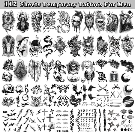 Partywind 112 Sheets Temporary Tattoos for Adult Men, Fake Tattoos for Neck Arm Finger, Tatuajes Temporales Tiger Wolf Lion Dragon Halloween Tattoo Stickers