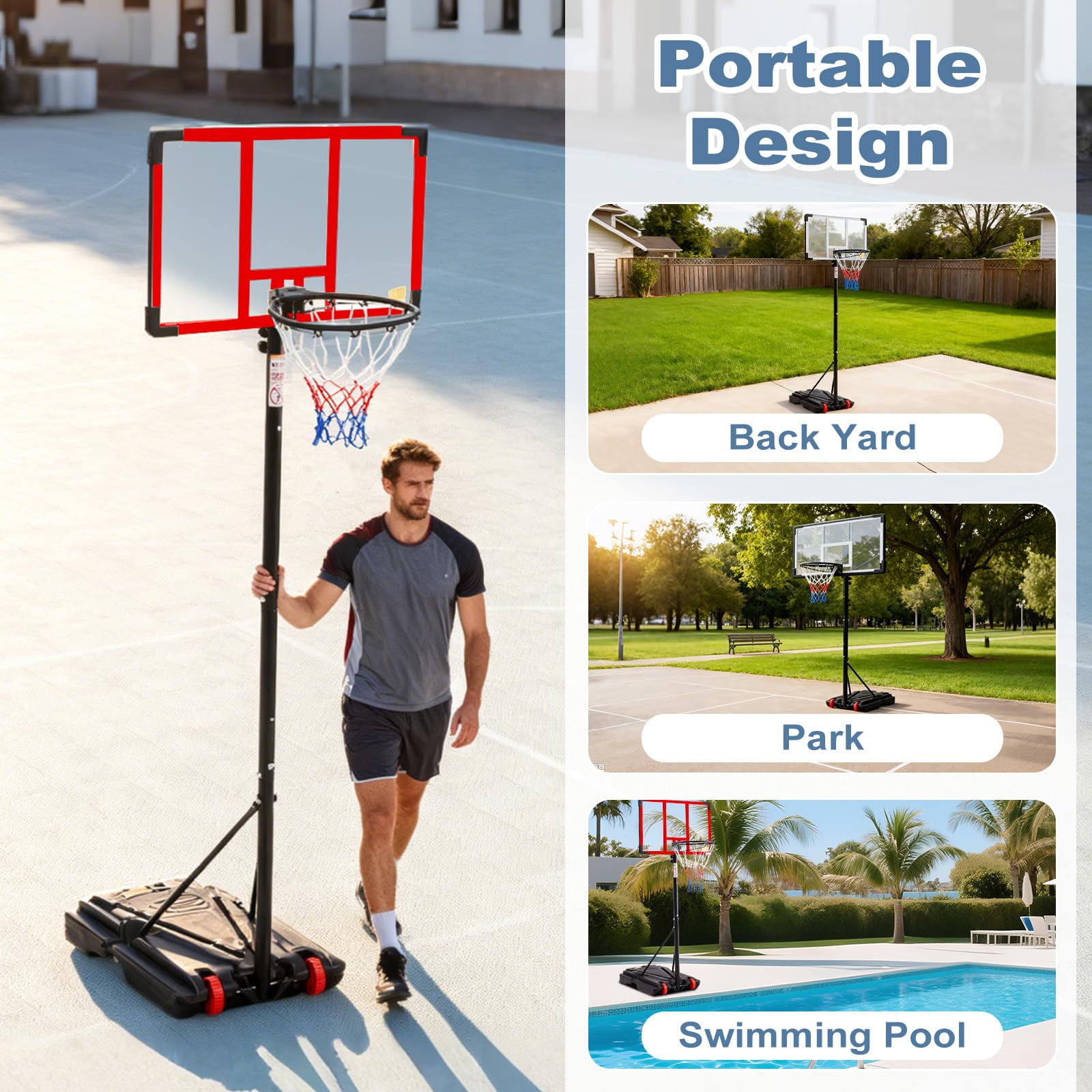 Atilioo Portable Basketball Hoop Stand with 44" Shatterproof Backboard, 5.08-8.53FT Adjustable Basketball Goal System, 2 Wheels, Fillable Base for Adults and Kids in Indoor/Outdoor, Red