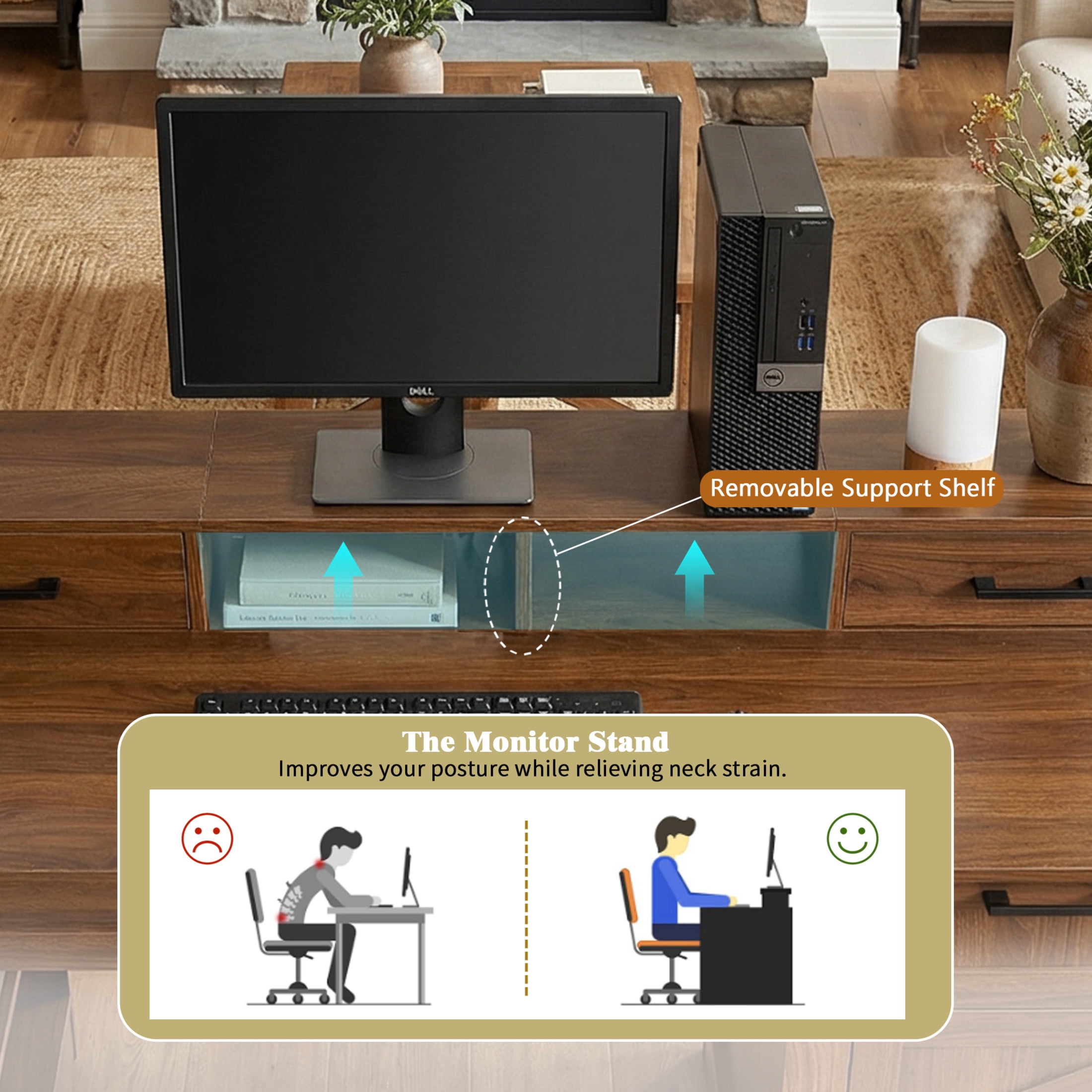 Noble House 55" Office Desk with Storage Cabinet, Charging Station and Keyboard Tray, Dark Walnut