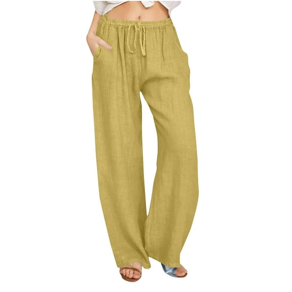 Womens Wide Leg Linen Pants Palazzo Pants with Pockets Baggy Fit Pants Drawstring Elastic Waist Pants