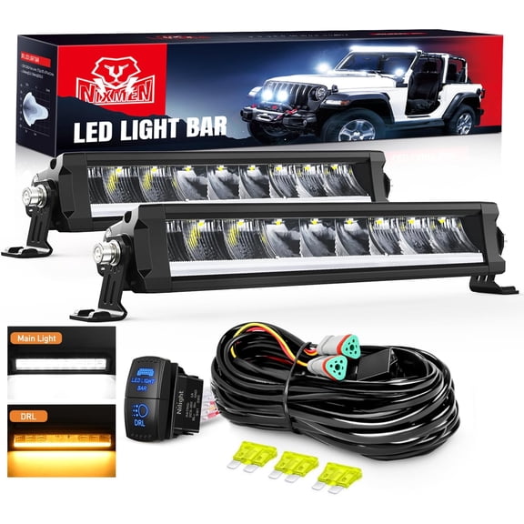 Nilight LED Light Bar with Amber DRL 2 PCS 45 W 12.2 Inch Single Row Slim 4980 LM Anti-Glare Flood Spot Combo IP68 Offroad Driving Lights w/ 16AWG DT Wiring Kit for Pickup Truck SUV ATV UTV 4x4 Jeep