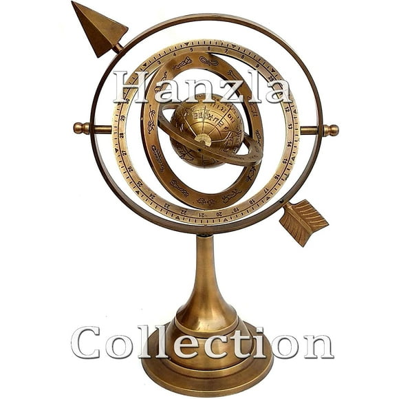 Sphère Armillaire en Laiton Antique 11 Pouces avec Flèche de Cadran Solaire 10.5 Pouces Astrolabe Nautique Maritime Globe Gravé