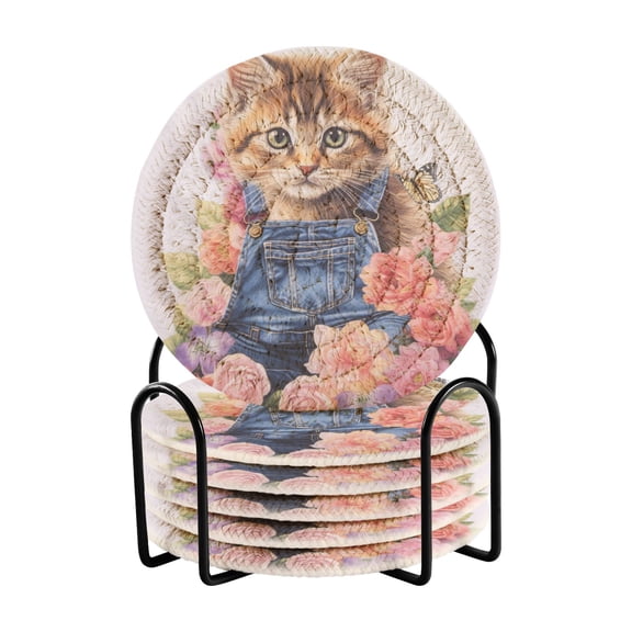 Cat Strap Flowers Floral 6 Pcs Drink Coasters with Holder Absorbent Coasters Woven Coasters for Drinks Table Desk Protection Home Decor