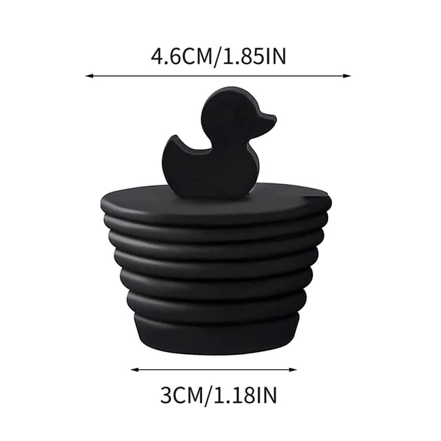 Pompotops 2023 Silicone Bathtub Plug with a black rubber duck-shaped top and a conical screw design. Made from soft, non-toxic silicone, it measures 4.6 cm in diameter and 3 cm in height. Ideal for high-temperature bathroom use, providing effective water sealing for bathtubs and floor drains.