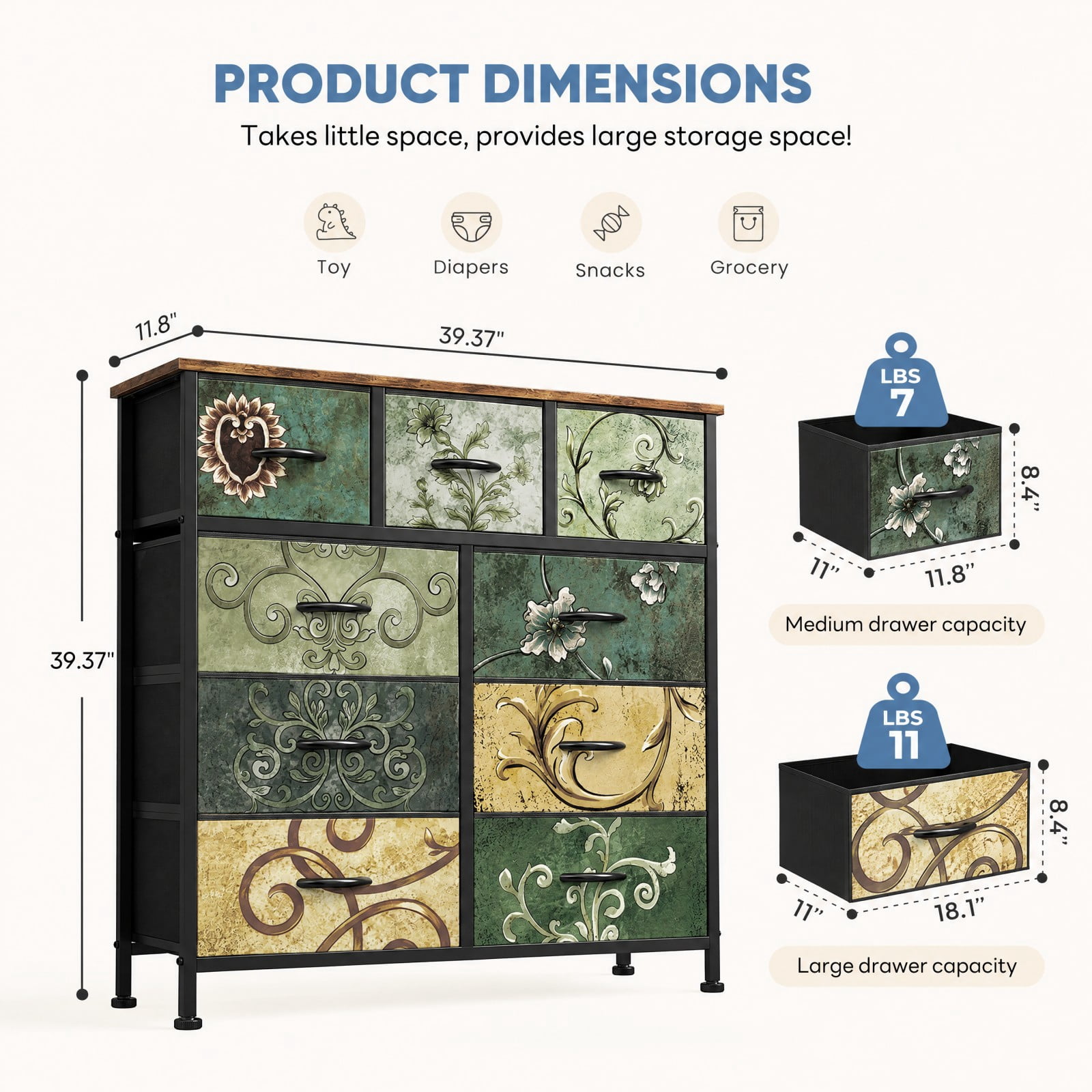 Telyra 9-Drawer Fabric Dresser Tall Storage Tower with Wood Top and Steel Frame Bedroom Closet Organizer, Floral Painted