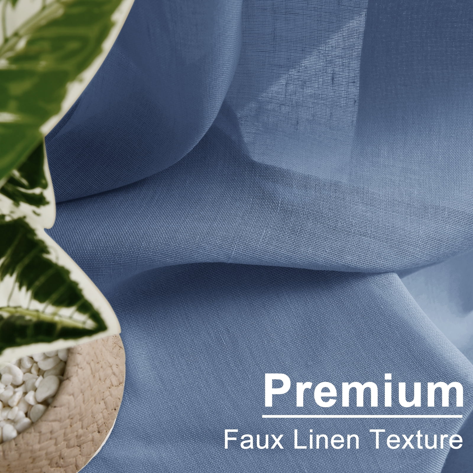 XWZO Semi Sheer Linen Curtains,Privacy Enhancing & Light Filtering Rod Pocket Drapes for Living Room with Tiebacks(Denim,W52 x L84 Inch,2 Panels)