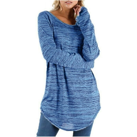 AXXD Blue Basic Tunic Blouses for Women Business Casual Summer 2024 Tunic Tops to Wear with Leggings Color Long Slim Round Neck Long Sleeve T-shirt Tops