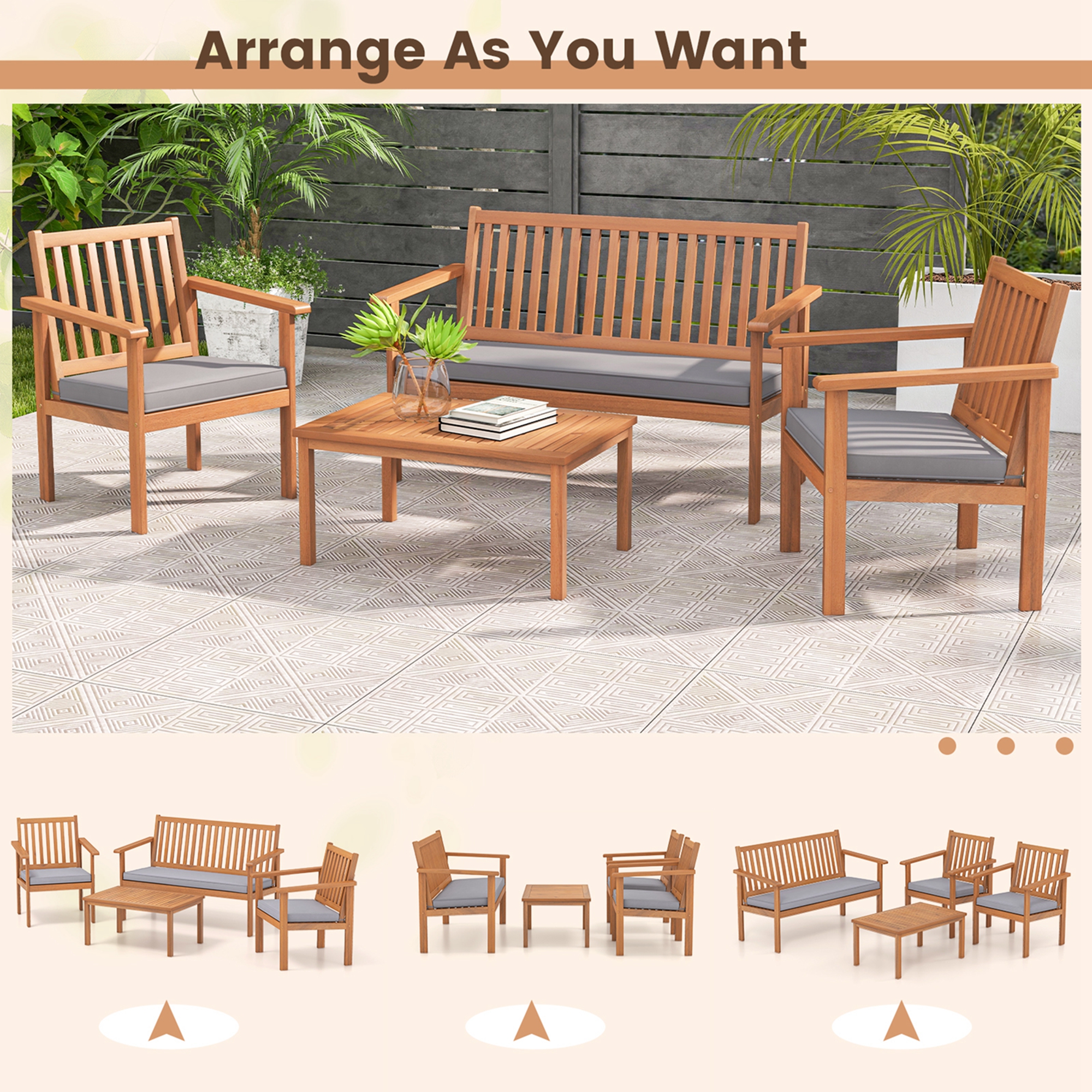 Costway 4 PCS Patio Wood Furniture Set with Loveseat, 2 Chairs & Coffee Table for Porch Grey - image 5 of 10