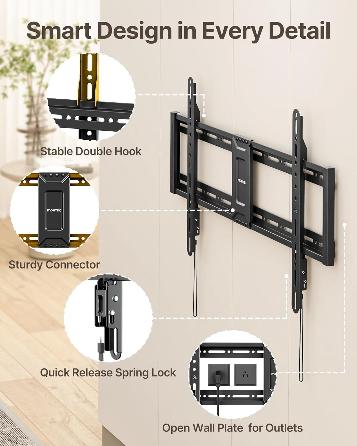 monTEK Heavy Duty Fixed TV Wall Mount for 43–95" TVs, 200 lb Capacity, 1.1" Ultra Slim Low Profile, VESA 200x200–800x400, Fits 16"/18"/24" Studs