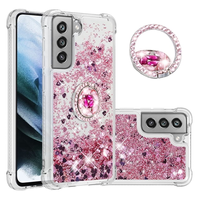 Funda para Samsung Galaxy S21 FE 5G con Brillo Líquido Flotante, Purpurina, Parachoques y Anillo Giratorio Soporte