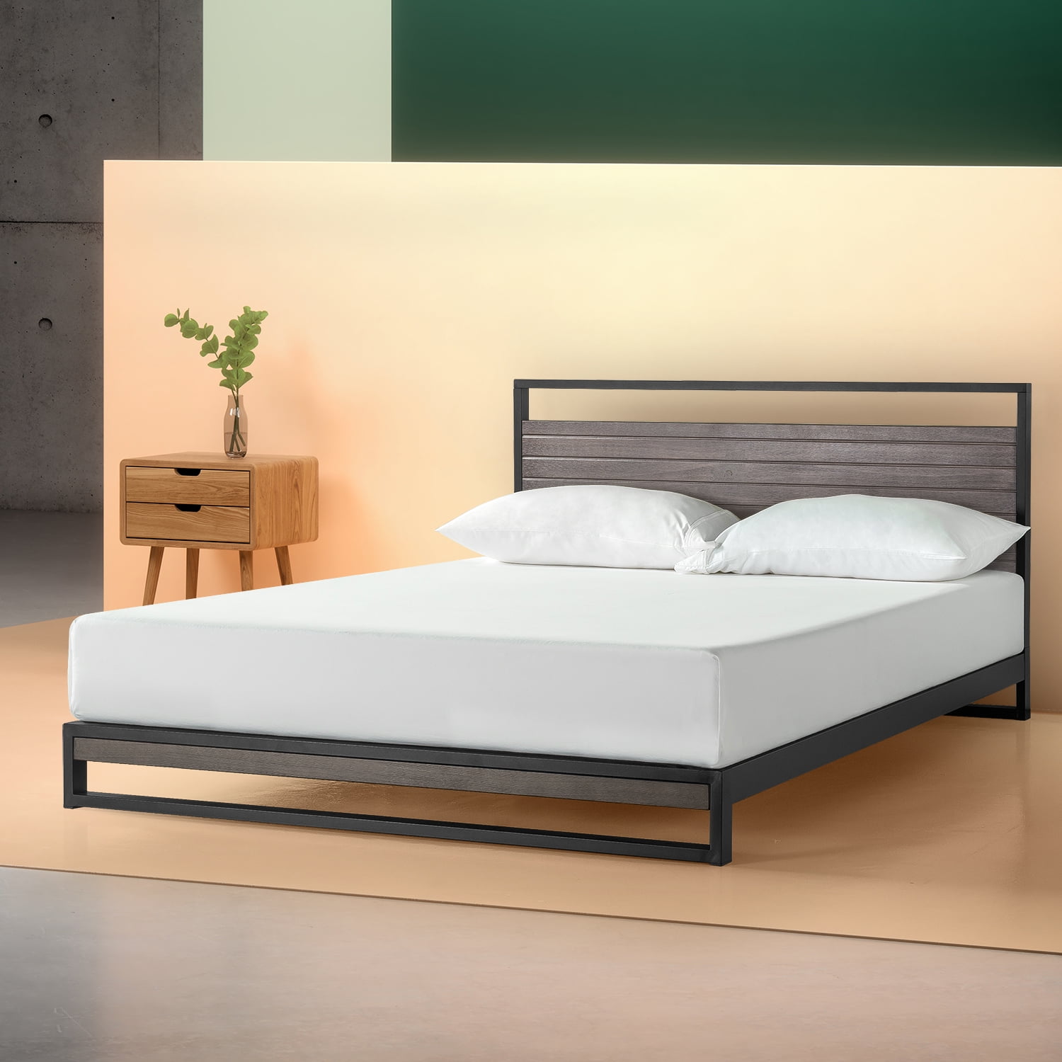 Zinus Suzanne 37" Metal and Wood Platform Bed with Headboard, Grey Wash