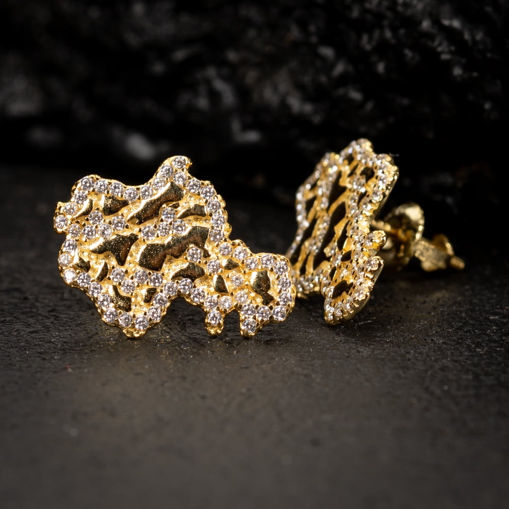 Retro 90's Hip Hop Solid 14K Yellow Gold Plated 925 Sterling Silver Screw Back Post Men’s Diamond Cut Stud Cz Iced Solid Nugget Earrings