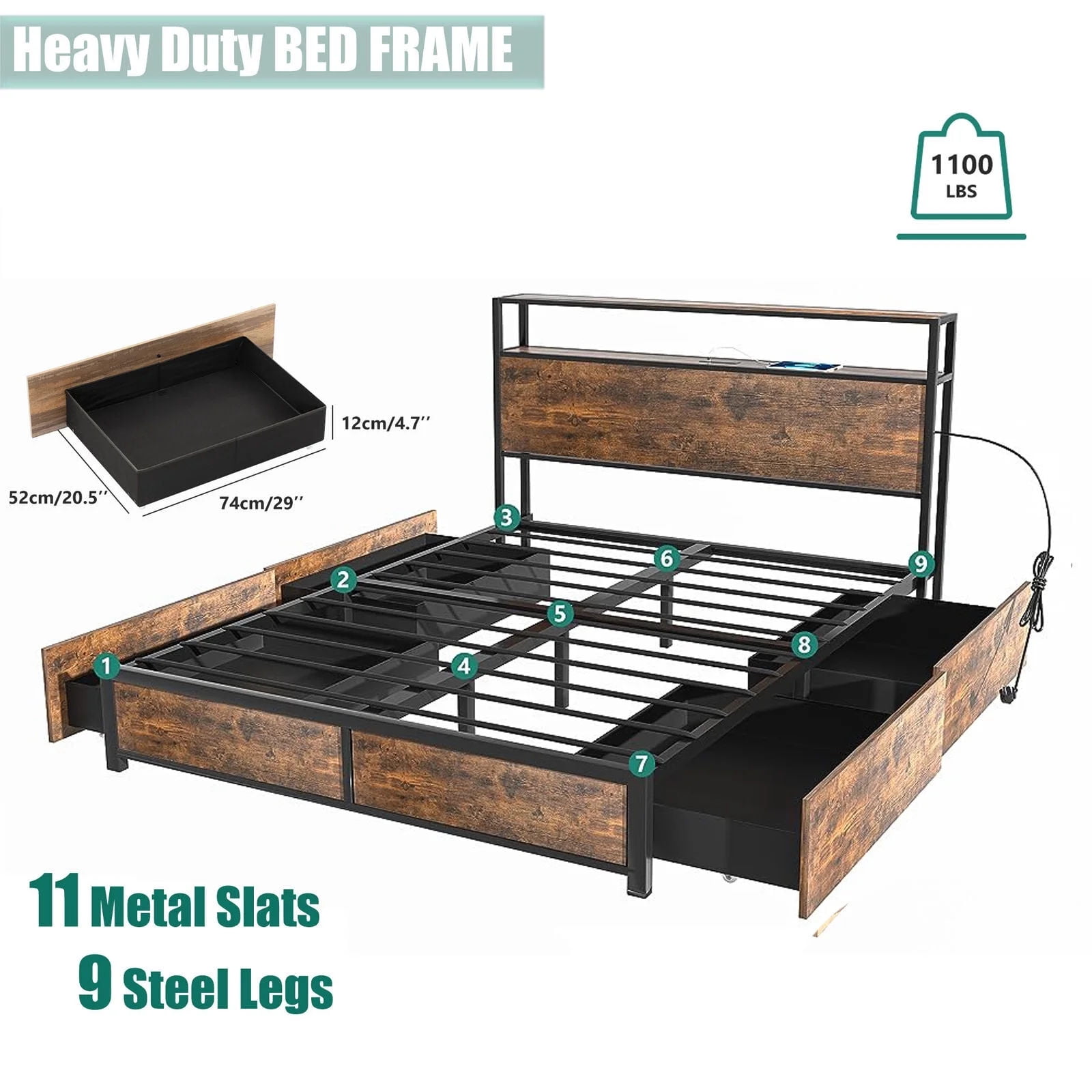 LED Full Bed Frame with Storage Headboard & 4 Drawers, Industrial Metal Platform Bed with Power Charging Station & USB Ports