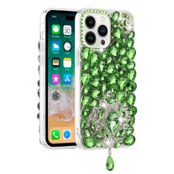 Xpm Compatible with Apple iPhone 14 Plus (6.7") Bling Crystal 3D Full Diamonds Jewelry Luxury Sparkle Rhinestone Glitter Hybrid Protective [ Green ]